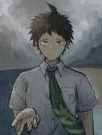  1boy ahoge badge bangs breast_pocket brown_eyes brown_hair closed_mouth clouds cloudy_sky collared_shirt commentary_request dangan_ronpa_(series) dangan_ronpa_2:_goodbye_despair dress_shirt green_neckwear grey_shirt heterochromia highres hinata_hajime looking_at_viewer male_focus necktie outdoors pocket rain red_eyes shirt short_sleeves sky smile solo suangasua upper_body wet wet_clothes wet_shirt 