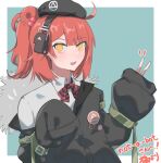  1girl beret commission fuku00 girls_frontline hat loose_clothes mp7_(girls_frontline) redhead side_ponytail skeb_commission smile solo v yellow_eyes 