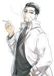  1boy alternate_costume black_eyes black_hair cigarette closed_mouth facial_hair facial_scar formal goatee golden_kamuy hair_strand isa_(peien516) jacket long_sleeves looking_at_viewer male_focus necktie ogata_hyakunosuke open_clothes open_jacket scar scar_on_cheek shirt short_hair simple_background smoke solo upper_body winter_clothes 