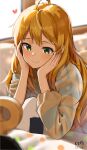  1girl ahoge blonde_hair blurry blurry_background dated food green_eyes hands_on_own_cheeks hands_on_own_face head_rest heart highres hoshii_miki idolmaster idolmaster_million_live! idolmaster_million_live!_theater_days long_hair long_sleeves looking_at_viewer multicolored myeolchi onigiri polka_dot sidelocks signature smile solo striped striped_sweater sweater upper_body window 