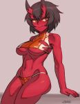  1girl arm_support black_hair bra breasts brown_hair closed_mouth eyebrows_visible_through_hair fingernails grey_background horns kidouko_(zakusi) large_breasts looking_at_viewer navel oni oni_horns orange_bra orange_eyes orange_panties original panties red_oni red_skin revision short_hair signature simple_background sitting smile solo sports_bra toned under_boob underwear zakusi 