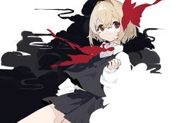  1girl absurdres black_skirt black_vest blending blonde_hair clouds commentary darkness hair_between_eyes hair_ribbon hand_up highres long_sleeves looking_at_viewer nail_polish red_eyes red_nails red_neckwear red_ribbon ribbon rumia sh_(562835932) shirt short_hair skirt smile touhou upper_body vest white_background white_shirt 