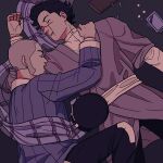  2boys bear black_hair cellphone golden_kamuy grey_hair hat hat_removed headwear_removed knightofbunnies lying male_focus multiple_boys on_back on_side pants phone scar scarf shell_casing shiraishi_yoshitake sideburns sleeping sugimoto_saichi 