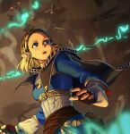  1girl bangs blue_eyes braid cape capelet cave crown_braid fingerless_gloves gloves hair_ornament hairclip highres pointy_ears princess_zelda sawada2 short_hair solo surprised the_legend_of_zelda the_legend_of_zelda:_breath_of_the_wild the_legend_of_zelda:_breath_of_the_wild_2 torch 