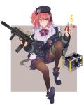  1girl absurdres beret candy food girls_frontline gun h&amp;k_mp7 hat highres lollipop mp7_(girls_frontline) pantyhose redhead reraise side_ponytail solo submachine_gun weapon yellow_eyes 