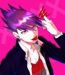  1boy artist_name bangs censored collarbone collared_shirt commentary_request dangan_ronpa ear_piercing earrings facial_hair goatee jacket jewelry looking_at_viewer male_focus middle_finger momota_kaito nagi_to_(kennkenn) new_dangan_ronpa_v3 open_clothes open_shirt piercing pink_background pink_eyes purple_hair purple_jacket red_shirt shirt solo spiky_hair tongue tongue_out upper_body white_shirt 