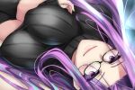  1girl bangs black_sweater blush breasts fate/stay_night fate_(series) forehead glasses large_breasts long_hair long_sleeves looking_at_viewer lying parted_bangs purple_hair ribbed_sweater rider shimeno_puni smile sweater turtleneck turtleneck_sweater very_long_hair violet_eyes 