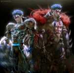  2boys abs armor bare_chest beads black_background blue_hair bodypaint bodysuit cape claws cowboy_shot cu_chulainn_(fate)_(all) cu_chulainn_(fate/grand_order) dark_persona earrings elbow_gloves facepaint fate/grand_order fate/kaleid_liner_prisma_illya fate_(series) fur gloves grin hair_beads hair_ornament highres hood hood_down jewelry kim_yura_(goddess_mechanic) lancer_(prisma_illya) long_hair male_focus mask monster_boy multiple_boys multiple_persona muscle pants pauldrons ponytail red_eyes sharp_teeth shirtless shoulder_armor simple_background skin_tight smile spikes spiky_hair tail teeth twitter_username type-moon 