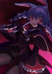  1girl absurdres animal_ears blazblue blazblue:_cross_tag_battle blue_hair braid clenched_hand cosplay highres hololive looking_down open_mouth rabbit_ears rachel_alucard rachel_alucard_(cosplay) red_eyes ruipi solo twin_braids usada_pekora virtual_youtuber 