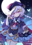  1girl :o absurdres arm_up bandages bangs beads braid cowboy_shot dress full_moon genshin_impact hair_ornament hat highres holding jewelry jiangshi long_hair long_sleeves looking_at_viewer moon necklace night night_sky ofuda poinia purple_hair purple_headwear qing_guanmao qiqi sky solo star_(sky) thigh-highs violet_eyes white_legwear wide_sleeves 
