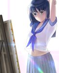  1girl arms_up backlighting black_hair easel freckles glasses grey_eyes grey_skirt hanasaku_iroha highres lens_flare mizuno_eri navel school_uniform serafuku shirt short_hair short_sleeves skirt smile solo white_shirt 