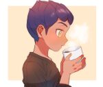  1boy commentary_request cup dark_skin dark_skinned_male eyelashes fingernails hands_up highres holding holding_cup hop_(pokemon) liquid male_focus pokemon pokemon_(game) pokemon_swsh purple_hair radioz shirt short_hair solo steam t-shirt yellow_eyes 