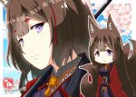  1girl amagi_(azur_lane) animal_ears azur_lane brown_hair cherry_blossoms chibi commentary_request eyeshadow fox_ears fox_girl fox_tail grey_eyes japanese_clothes kyuubi long_hair looking_at_viewer makeup multiple_tails signature smile solo tail taisa_(kari) thick_eyebrows twitter_username wide_sleeves zoom_layer 