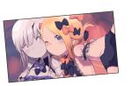  2girls abigail_williams_(fate/grand_order) bangs black_bow blonde_hair blue_eyes blush bow breasts daisi_gi fate/grand_order fate_(series) forehead hair_bow highres horns lavinia_whateley_(fate/grand_order) long_hair looking_at_viewer multiple_bows multiple_girls one_eye_closed orange_bow pale_skin parted_bangs photo_(object) self_shot sidelocks single_horn small_breasts smile violet_eyes white_hair 