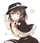  1girl ayashiro black_skirt brown_hair capelet fedora feet_out_of_frame frilled_capelet frills hat highres holding holding_clothes holding_hat one_eye_closed shirt skirt solo star_(symbol) touhou usami_renko white_shirt 
