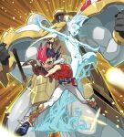 2boys absurdres alien arm_up armor astral_(yu-gi-oh!) astral_(yuu-gi-ou_zexal) bare_shoulders belt black_hair blue_footwear blue_hair bracelet brown_gloves card clenched_hands duel_disk duel_monster fingerless_gloves fingernails gloves glowing hico highres holding holding_card hood hood_down huge_filesize jacket jewelry light_rays male_focus multicolored multicolored_hair multiple_boys muscle navel nude number_39_utopia open_clothes open_jacket open_mouth pauldrons purple_tongue red_eyes red_jacket redhead scabbard sheath sheathed shoulder_armor single_glove smile sparkle sword teeth tongue tsukumo_yuuma visor weapon white_legwear yu-gi-oh! yu-gi-oh!_zexal