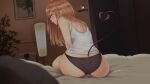  1girl absurdres ass bangs bare_shoulders blush breasts brown_hair camisole clenched_teeth crying crying_with_eyes_open demon_girl demon_tail highres huge_filesize kazanock long_hair on_bed original panties pointy_ears sidelocks sitting solo tail tears teeth underwear 