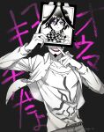  1boy arm_up bangs black_background checkered checkered_scarf collared_shirt commentary_request dangan_ronpa facial_hair facing_viewer goatee grin hand_up holding iei male_focus momota_kaito nagi_to_(kennkenn) new_dangan_ronpa_v3 open_clothes open_mouth open_shirt ouma_kokichi pants print_shirt scarf shirt smile solo spoilers spot_color 