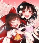 2girls ahoge black_hair black_neckwear black_skirt blush bow breasts cherry_blossoms closed_eyes commentary_request cravat detached_sleeves flower hair_bow hair_tubes hakurei_reimu hat locked_arms long_sleeves looking_at_viewer multiple_girls neck_ribbon open_mouth pink_background pointy_ears pom_pom_(clothes) red_bow red_eyes red_headwear red_shirt red_skirt ribbon shameimaru_aya shirt short_hair short_sleeves skirt smile tokin_hat toraneko_2 touhou upper_body white_shirt wide_sleeves yellow_neckwear 