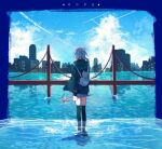  1girl backpack bag bangs black_legwear blue_sky bridge cat_bag cityscape clouds dangan_ronpa day facing_away flipped_hair from_behind green_jacket holding holding_staff hood hooded_jacket horizon jacket long_sleeves medium_hair nanami_chiaki ocean outdoors pink_hair pleated_skirt scenery sihye_(sihye1202) skirt sky solo staff standing super_dangan_ronpa_2 thigh-highs wading water wide_shot zettai_ryouiki 