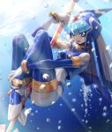  1girl absurdres air_bubble android between_legs blue_eyes blush bodysuit breasts bubble helmet high_heels highres holding holding_weapon hoshi_mikan leviathan_(rockman) open_mouth polearm rockman rockman_zero solo spear thigh-highs tongue tongue_out underwater weapon 