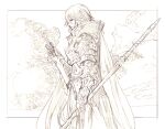  1boy armor cape clouds cloudy_sky dual_wielding greaves greyscale hatching_(texture) holding holding_polearm holding_sword holding_weapon male_focus monochrome original parted_lips pauldrons polearm scabbard sheath shoulder_armor shukei_co sky sword unsheathed vambraces weapon 