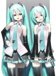  2girls aqua_eyes aqua_hair aqua_neckwear armpit_crease bangs black_legwear black_sleeves breasts clone collared_shirt commentary_request cowboy_shot detached_sleeves grey_background grey_shirt hair_between_eyes hair_ornament hand_on_hip hatsune_miku head_tilt headset highres long_hair multiple_girls nail_polish necktie open_mouth pleated_skirt rsk_(tbhono) shadow shiny shiny_clothes shiny_hair shirt sidelocks skirt sleeveless sleeveless_shirt small_breasts striped striped_background thigh-highs twintails upper_teeth very_long_hair vocaloid white_background wide_sleeves 