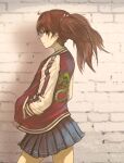  1girl alternate_costume bangs black_skirt brick_wall brown_eyes brown_hair closed_mouth dragon_print eyebrows_visible_through_hair from_side hair_ribbon hands_in_pockets highres jacket kantai_collection long_hair long_sleeves nito_(nshtntr) pleated_skirt profile ribbon ryuujou_(kantai_collection) skirt solo twintails 