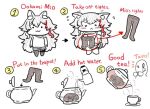  1girl :&lt; alternate_costume animal_ears bad_id bad_twitter_id black_legwear blush character_name chibi cup english_text fox_ears hololive instructions kettle matarou_(matarou072) ookami_mio pantyhose plate removing_legwear solo teacup teapot virtual_youtuber 