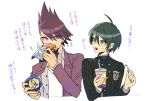  2boys :d ahoge bangs brown_eyes collarbone commentary_request cup dangan_ronpa disposable_cup eating food french_fries green_hair grey_shirt hair_between_eyes hamburger hand_up hands_up holding holding_cup jacket male_focus momota_kaito multiple_boys nagi_to_(kennkenn) new_dangan_ronpa_v3 open_mouth pink_eyes pink_hair purple_jacket saihara_shuuichi shirt smile spiky_hair striped_jacket translation_request violet_eyes white_shirt 