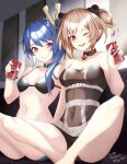  2girls blue_hair brown_hair can choker commission girls_frontline grin gugugu highres k11_(girls_frontline) multiple_girls navel one_eye_closed p90_(girls_frontline) partially_undressed red_eyes skeb_commission smile soda_can violet_eyes 