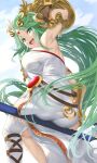 1girl :d armlet armpits ass bangs dress forehead_jewel from_below green_eyes green_hair highres jewelry kid_icarus laurel_crown long_hair looking_at_viewer open_mouth palutena parted_bangs pendant side_slit single_thighhigh sitting smile solo strapless strapless_dress super_smash_bros. thigh-highs thighs tiara vambraces white_legwear yappen 