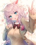  animal_ears bangs blazer blue_eyes blush breasts cat_ears dated dutch_angle eyebrows_visible_through_hair fang final_fantasy final_fantasy_xiv highres jacket long_hair looking_at_viewer medium_breasts miqo&#039;te mirukurim open_mouth pink_hair revision skin_fang sleeves_past_wrists slit_pupils sweater_vest uniform upper_body 
