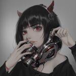  1girl bare_shoulders black_hair dated eyebrows_visible_through_hair face fake_horns fingernails grey_background headphones highres horns mask mechanical_horns mouth_mask original parted_lips red_eyes red_nails short_hair signature smile solo teeth tupiao_shaonu upper_body 