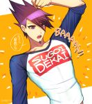  1boy arm_up bangs clothes_writing collarbone commentary_request dangan_ronpa facial_hair goatee male_focus meme_attire momota_kaito nagi_to_(kennkenn) new_dangan_ronpa_v3 open_mouth orange_background purple_hair raglan_sleeves romaji_text shirt sleeves_folded_up solo spiky_hair sugoi_dekai twitter_username upper_body upper_teeth violet_eyes 