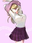  1girl akamatsu_kaede arms_up bangs blonde_hair breasts collared_shirt commentary cowboy_shot dangan_ronpa dress_shirt eighth_note hair_ornament hairclip highres large_breasts long_hair long_sleeves looking_down musical_note musical_note_hair_ornament nagi_to_(kennkenn) new_dangan_ronpa_v3 one_eye_closed pink_background pleated_skirt print_skirt purple_skirt shirt shirt_tucked_in skirt solo sweater_vest swept_bangs undressing upper_body white_shirt 