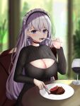  1girl absurdres alternate_costume azur_lane belfast_(azur_lane) black_sweater breasts choker cleavage_cutout clothing_cutout cross cross_earrings cup drinking_glass earrings eating eyebrows_visible_through_hair frilled_hairband frills hairband highres jewelry large_breasts lemontea_(ekvr5838) light_purple_hair long_hair looking_at_viewer meme_attire open-chest_sweater red_choker round_table sitting solo sweater table violet_eyes wine_glass 
