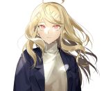  1girl ahoge akamatsu_kaede alternate_costume bangs beige_sweater black_jacket blonde_hair commentary_request dangan_ronpa eighth_note expressionless floating_hair hair_ornament jacket long_hair looking_at_viewer messy_hair musical_note musical_note_hair_ornament new_dangan_ronpa_v3 open_clothes open_jacket pink_eyes ribbed_sweater sihye_(sihye1202) simple_background solo sweater upper_body white_background 