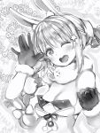  1girl :d animal_ear_fluff animal_ears bra braid breasts don-chan_(usada_pekora) gloves greyscale hand_up head_tilt highres hololive looking_at_viewer monochrome nanashi_(nlo) one_eye_closed open_mouth pom_pom_(clothes) rabbit_ears ribbon round_teeth small_breasts smile solo strapless strapless_bra teeth twin_braids underwear upper_body upper_teeth usada_pekora waving 