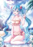  1girl :d absurdres aqua_eyes aqua_hair arm_between_legs bare_legs beach bikini breasts clouds day flower frilled_bikini frills hair_between_eyes hair_flower hair_ornament hairclip hatsune_miku heart heart_hair_ornament highres holding holding_shell leaf long_hair looking_at_viewer mountainous_horizon navel ocean open_mouth outdoors palm_tree red_flower sandals scrunchie sitting sky small_breasts smile solo starfish swimsuit thighs tree twintails umyo_(uu_o3o_8) upper_teeth very_long_hair vocaloid wariza water white_flower wrist_scrunchie yellow_bikini 