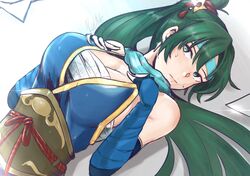  1girl bangs bare_shoulders blue_dress breasts detached_sleeves dress earrings english_commentary fingerless_gloves fire_emblem fire_emblem:_the_blazing_blade gloves gold_trim green_eyes green_hair hair_ornament headband high_ponytail highres jewelry large_breasts lens_flare long_hair looking_up lying lyn_(fire_emblem) on_back ponytail sarashi scarf sidelocks signature solo sweatdrop upper_body vialnite 