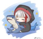  1girl admiral_graf_spee_(azur_lane) artist_request azur_lane chibi fish_tail full_body highres holding holding_stuffed_toy multicolored_hair redhead shark shark_tail short_hair signature sleeping solo streaked_hair stuffed_animal stuffed_shark stuffed_toy tail white_hair 