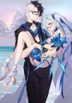  1boy 1girl aonogura bikini black-framed_eyewear black_hair black_pants black_shirt blue_eyes blue_flower blue_neckwear blue_rose blue_scarf brynhildr_(fate) brynhildr_(swimsuit_berserker)_(fate) carrying choker closed_mouth clouds couple cowboy_shot fate/grand_order fate_(series) feathers flower glasses hetero highres long_hair looking_at_viewer memories_with_my_lover multicolored_hair pants princess_carry rose sandals scarf shirt side_ponytail sigurd_(fate/grand_order) sky smile standing swimsuit two-tone_hair violet_eyes water white_bikini white_footwear white_hair 
