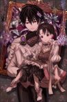  1boy 1girl absurdres black_eyes black_hair black_pants brooch bug butterfly carrying dress flower highres holding holding_flower indoors insect jewelry nemuritaa original painting_(object) pants picture_frame short_hair short_twintails toeless_legwear twintails 