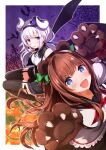  .live 2girls animal_ears bear_ears black_legwear blue_eyes brown_hair carro_pino commentary_request demon_horns demon_tail fake_animal_ears fang halloween headband highres horns jack-o&#039;-lantern kakyouin_chieri looking_at_viewer low_twintails multiple_girls namae_hamada open_mouth paws purple_hair school_uniform tail thigh-highs tongue tongue_out twintails violet_eyes virtual_youtuber 