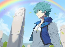  1boy blue_sky broken clouds eyebrows_visible_through_hair green_eyes green_hair hico highres johan_andersen leaf looking_at_viewer male_focus mountain outdoors pillar rainbow sky smile solo tree upper_body wind yu-gi-oh! yu-gi-oh!_gx 