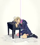  1girl ahoge akamatsu_kaede artist_name bangs black_footwear black_legwear black_shirt black_skirt blonde_hair chair commentary_request dangan_ronpa full_body hair_ornament hairclip hands_up kneehighs loafers long_hair long_sleeves looking_at_viewer musical_note nagi_to_(kennkenn) new_dangan_ronpa_v3 official_alternate_costume paper pink_ribbon pleated_skirt ribbon school_uniform serafuku shirt shoes sitting skirt smile solo 