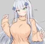  bangs beige_sweater blue_hair blunt_bangs blush breasts character_name closed_mouth embarrassed eyebrows_visible_through_hair girls_frontline green_eyes grey_background hair_ornament head_tilt highres hk416_(girls_frontline) large_breasts light_blue_hair long_hair long_sleeves ribbed_sweater risshu sidelocks simple_background sleeves_past_wrists sweater taut_clothes taut_sweater teardrop_tattoo tsurime turtleneck turtleneck_sweater upper_body very_long_hair x_hair_ornament 