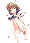  1girl absurdres bangs bare_shoulders barefoot bikini binoculars brown_eyes brown_hair eyebrows_visible_through_hair flower h2so4 hair_flower hair_ornament hibiscus highres holding kantai_collection looking_at_viewer open_mouth page_number petals sailor_collar scan simple_background solo swimsuit thighs toes white_background 