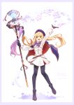  1girl a_ching artoria_pendragon_(all) artoria_pendragon_(caster) bangs black_footwear blonde_hair boots bow capelet dress eyebrows_visible_through_hair fate/grand_order fate_(series) flower full_body gloves green_eyes hat holding holding_staff long_hair long_sleeves looking_at_viewer open_mouth outstretched_arm outstretched_hand pantyhose petals simple_background smile solo staff twintails white_background white_dress 